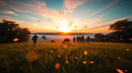 Experience a dreamlike sunset over a serene meadow, where fireflies begin their nightly dance. This bizarre scene blends fant