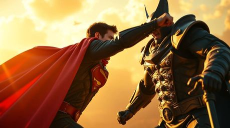 A high-resolution stock photo showcasing a dramatic cinematic battle between a caped superhero and a comical villain.  The sc