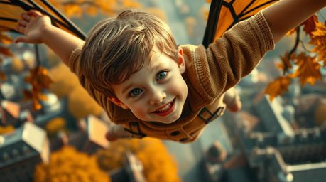 A captivating image of a young boy with rosy cheeks, soaring above the vibrant autumn landscape of London. Surrounded by swi