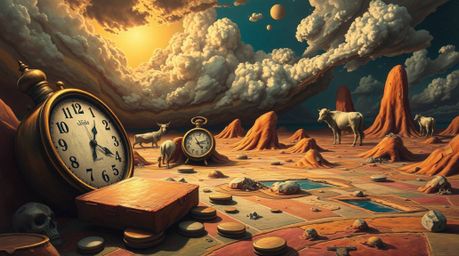 Explore a vibrant surreal dreamscape featuring melting clocks and floating cows.  This digitally rendered artwork utilizes a 