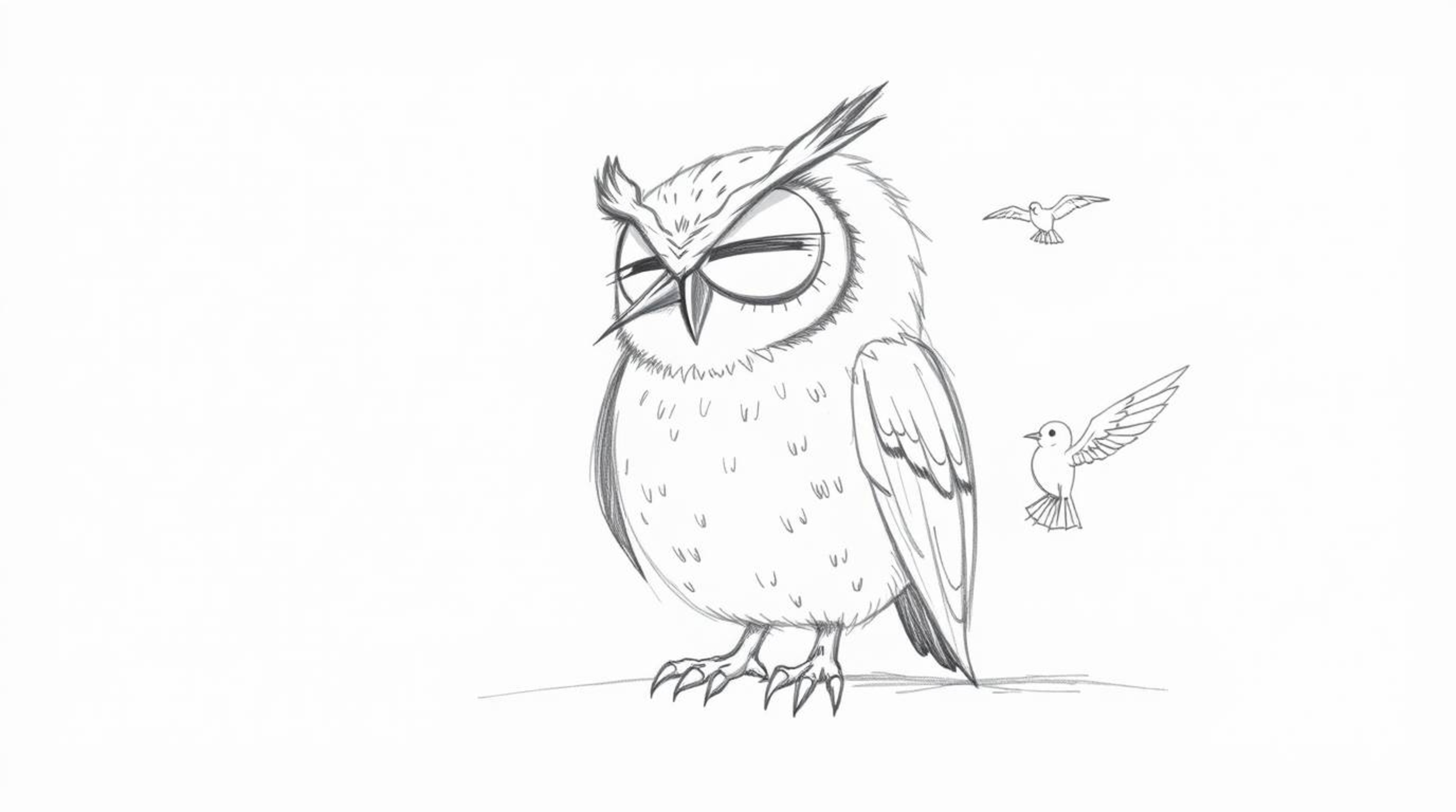 A heartwarming hand-drawn pencil sketch in Pixar style depicts a blind owl, its head tilted attentively, listening to the sou