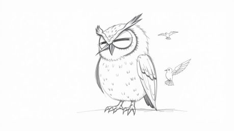 A heartwarming hand-drawn pencil sketch in Pixar style depicts a blind owl, its head tilted attentively, listening to the sou