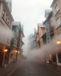 Discover a whimsical, surreal street scene shrouded in thick fog, featuring adorable and charming buildings that fold and twi