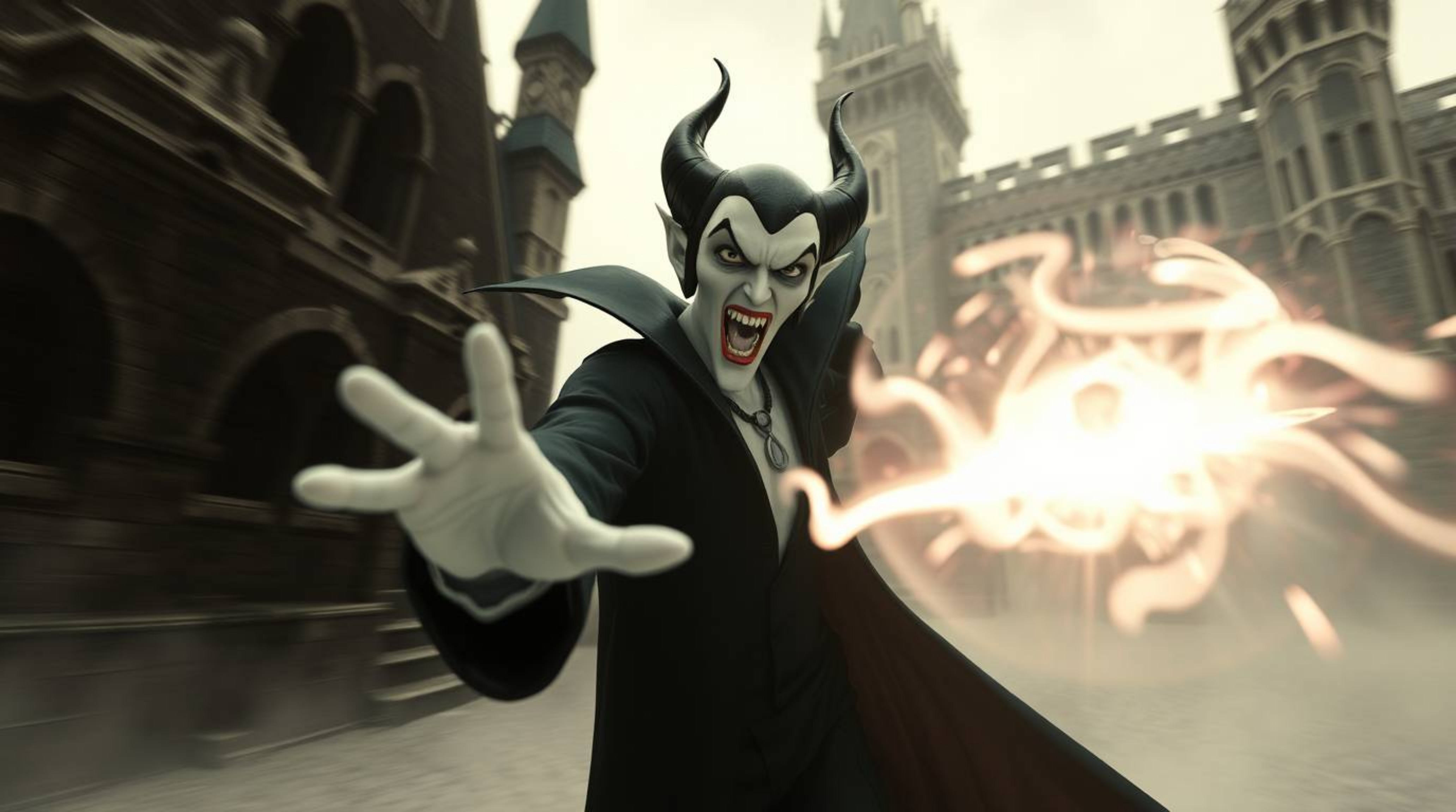 A classic Disney villain with sharp features and pale skin is dynamically casting a spell within the confines of an old castl
