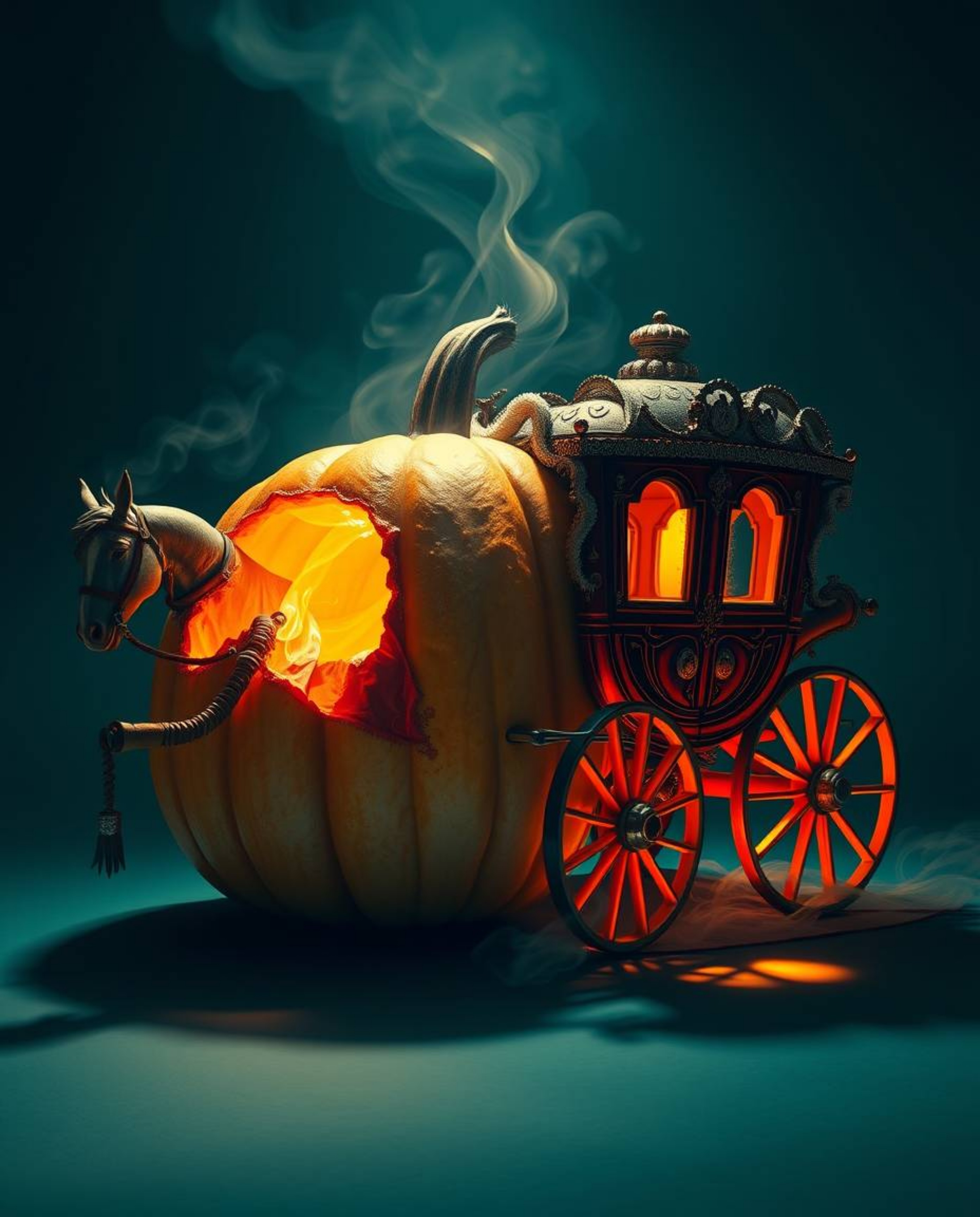 Experience the whimsical transformation of a magical pumpkin into a stunning horse-drawn carriage, rendered in rich, deep tea