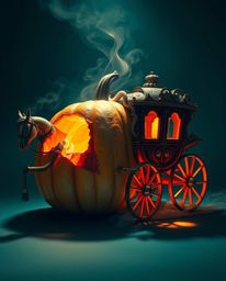 Experience the whimsical transformation of a magical pumpkin into a stunning horse-drawn carriage, rendered in rich, deep tea