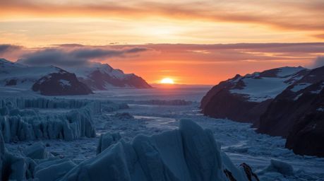 Discover breathtaking fine art photography capturing a stunning sunset over icy glaciers in the polar region. This epic scene