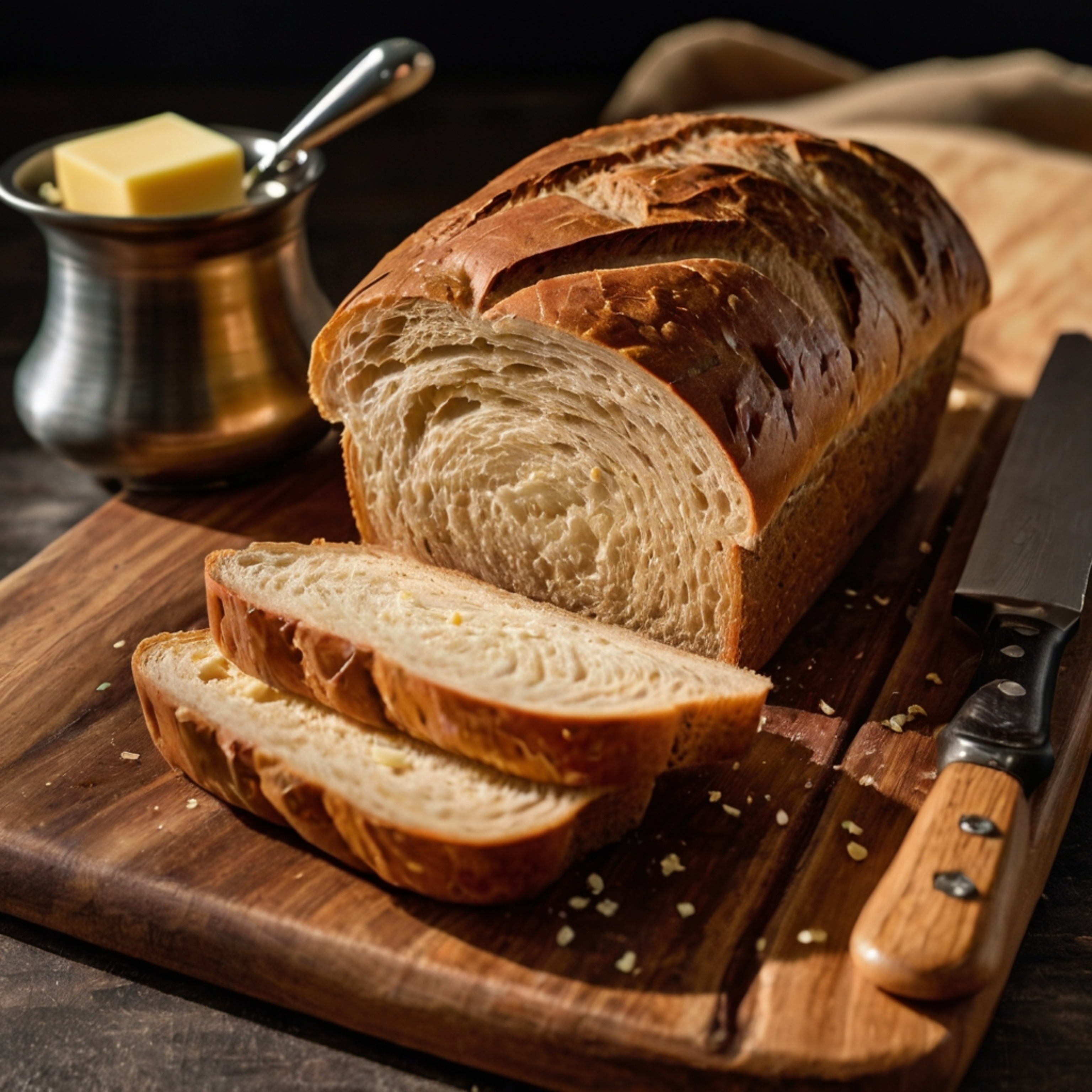 Enjoy a simple yet delightful scene: a freshly baked loaf of bread, perfectly sliced and presented on a rustic wooden cutting