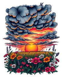 A vibrant, retro-style traditional tattoo art print depicts a dramatic spring sunset over a wildflower meadow, set against a 