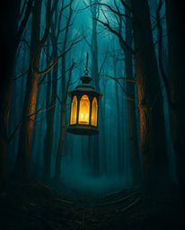 A dreamlike, surreal image of a glowing lantern illuminating a dark and eerie forest.  The scene is filled with unsettling de