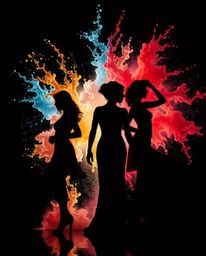 This artistic photograph captures silhouetted figures in a stunning display against dynamic colorful splashes on a black back