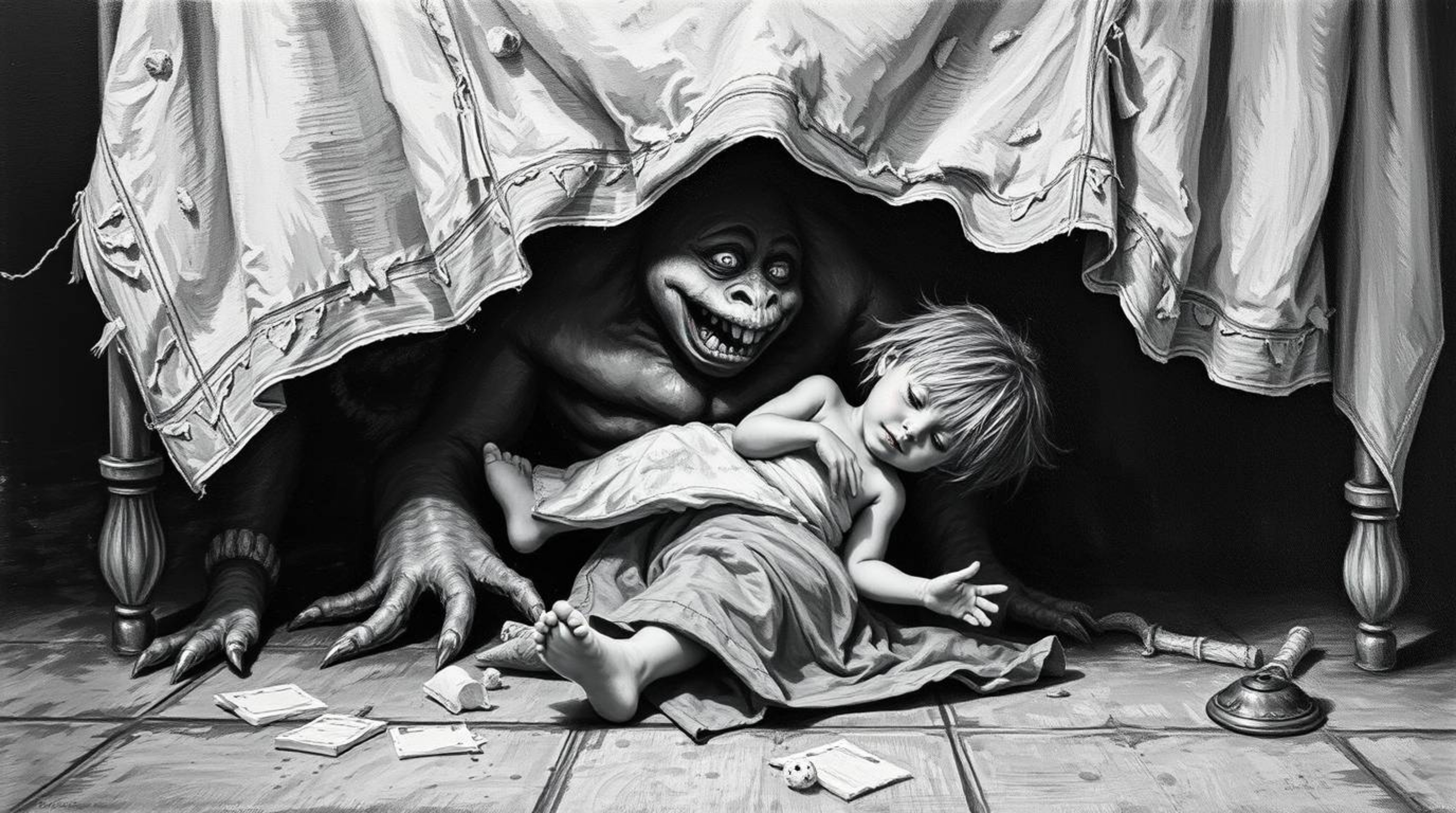 A classic black and white oil painting depicts a heartwarming scene of a monster under the bed befriending a child.  The artw