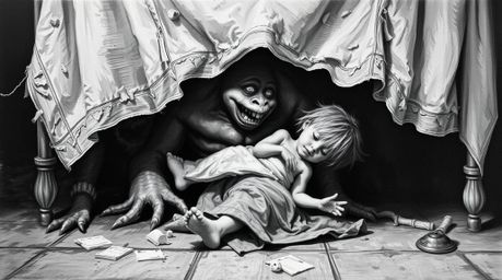 A classic black and white oil painting depicts a heartwarming scene of a monster under the bed befriending a child.  The artw