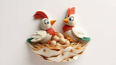 Delightful animation showcasing two cartoon birds meticulously constructing a nest using a layered papier-mâché technique. T
