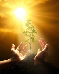 A captivating image depicts ethereal hands planting a tree beneath a radiant golden sky.  The scene is imbued with a soft, my