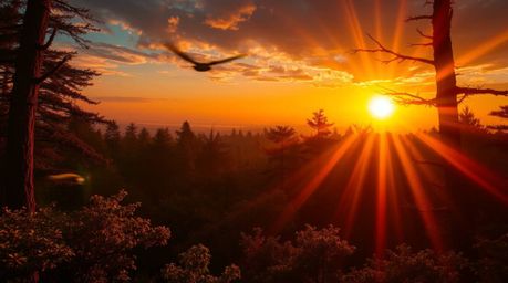 Experience a dreamlike, surreal image where the warm light of the setting sun pierces through a dense forest, creating a fant
