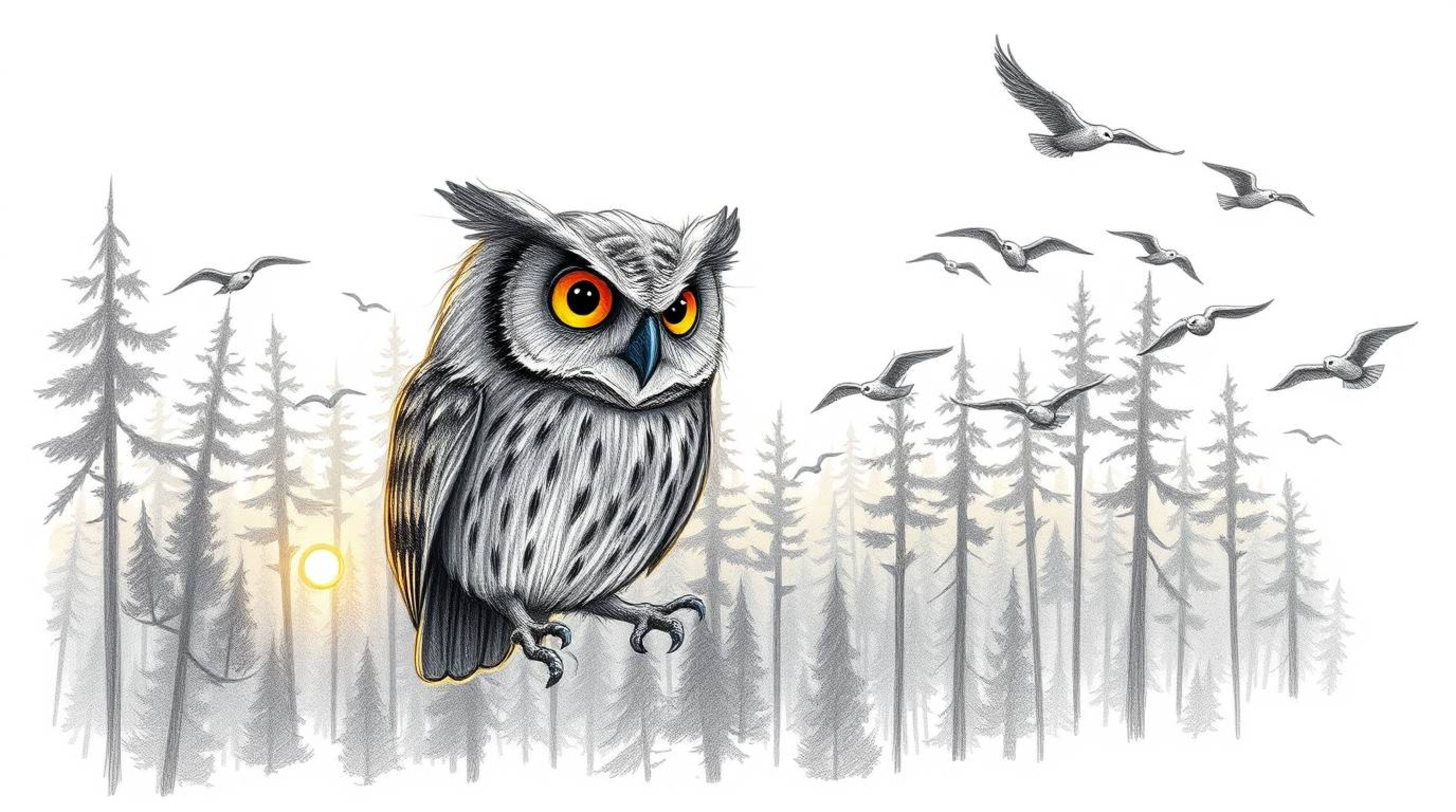 A captivating pencil sketch depicting a blind owl with downy feathers, guiding a flock of birds during a golden twilight in a