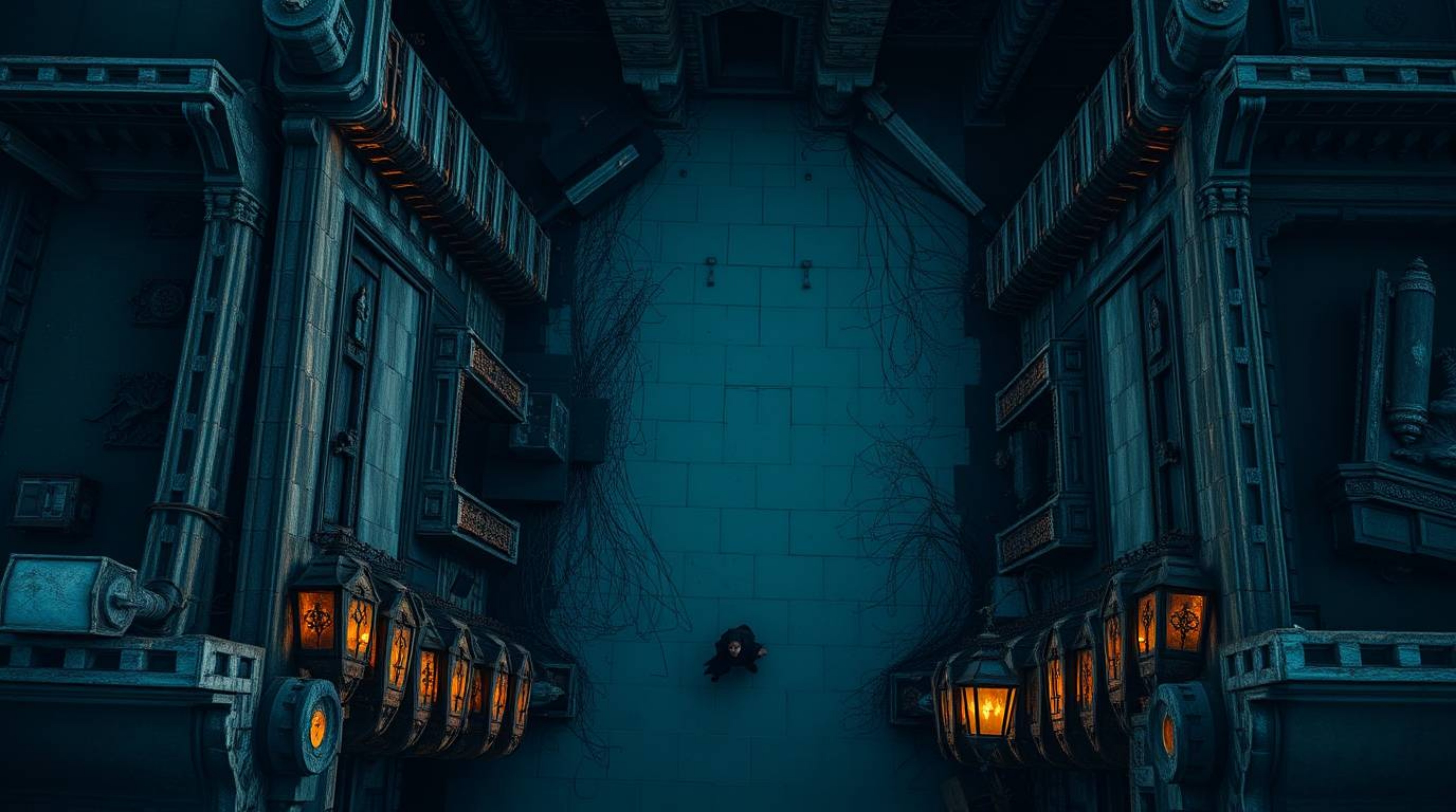 Overhead bird's eye view showcases a rich, deep teal scene depicting a thief sneaking into a heavily guarded castle from a to