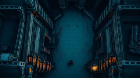 Overhead bird's eye view showcases a rich, deep teal scene depicting a thief sneaking into a heavily guarded castle from a to
