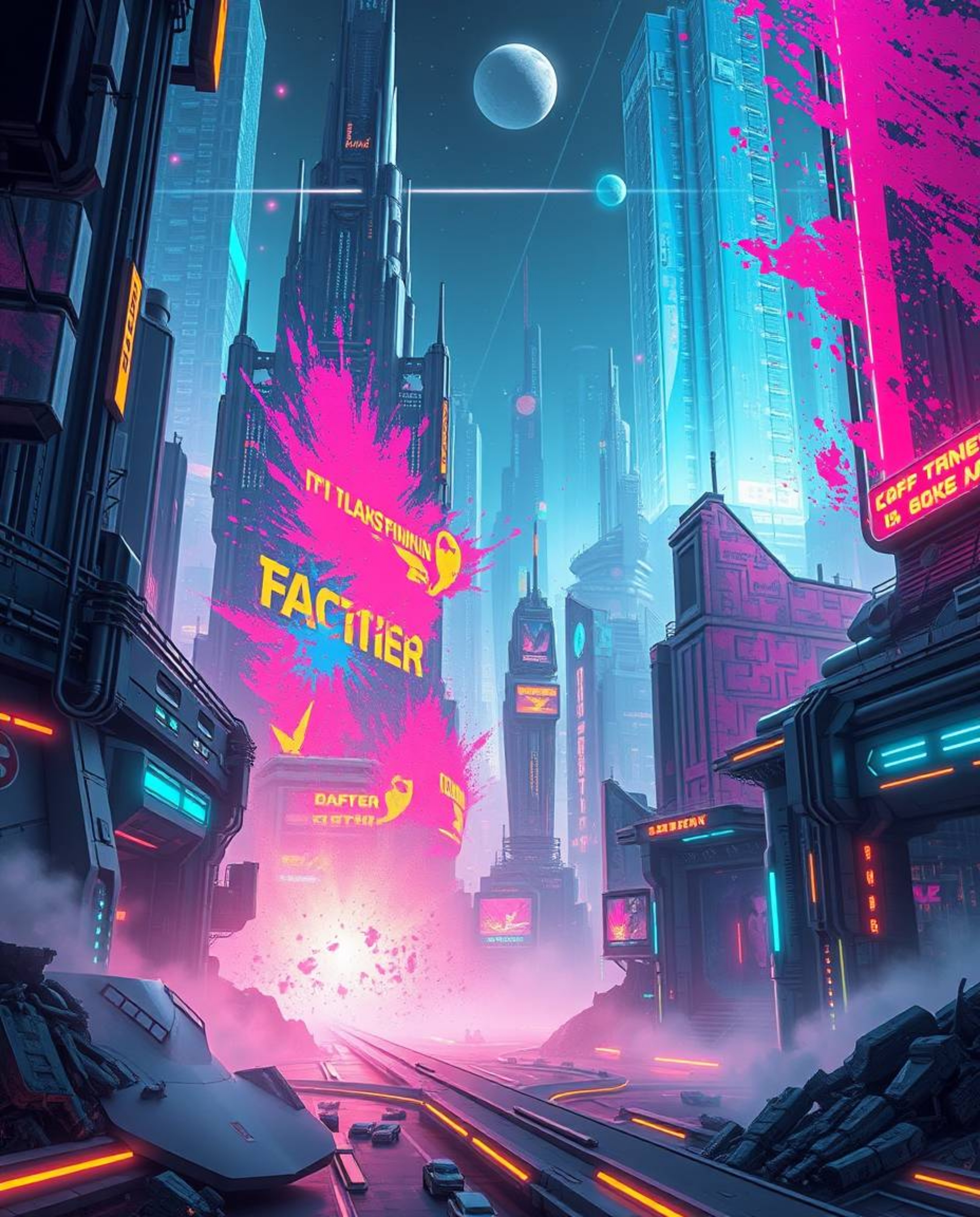 A captivating digital illustration depicting a futuristic cityscape brimming with vibrant neon splashes and advanced technolo