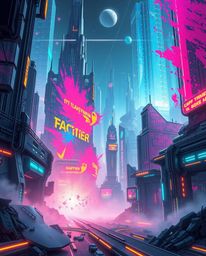 A captivating digital illustration depicting a futuristic cityscape brimming with vibrant neon splashes and advanced technolo