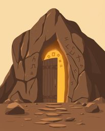A modern flat design illustration portrays an ancient doorway, etched with glowing runes, embedded into the side of a mountai