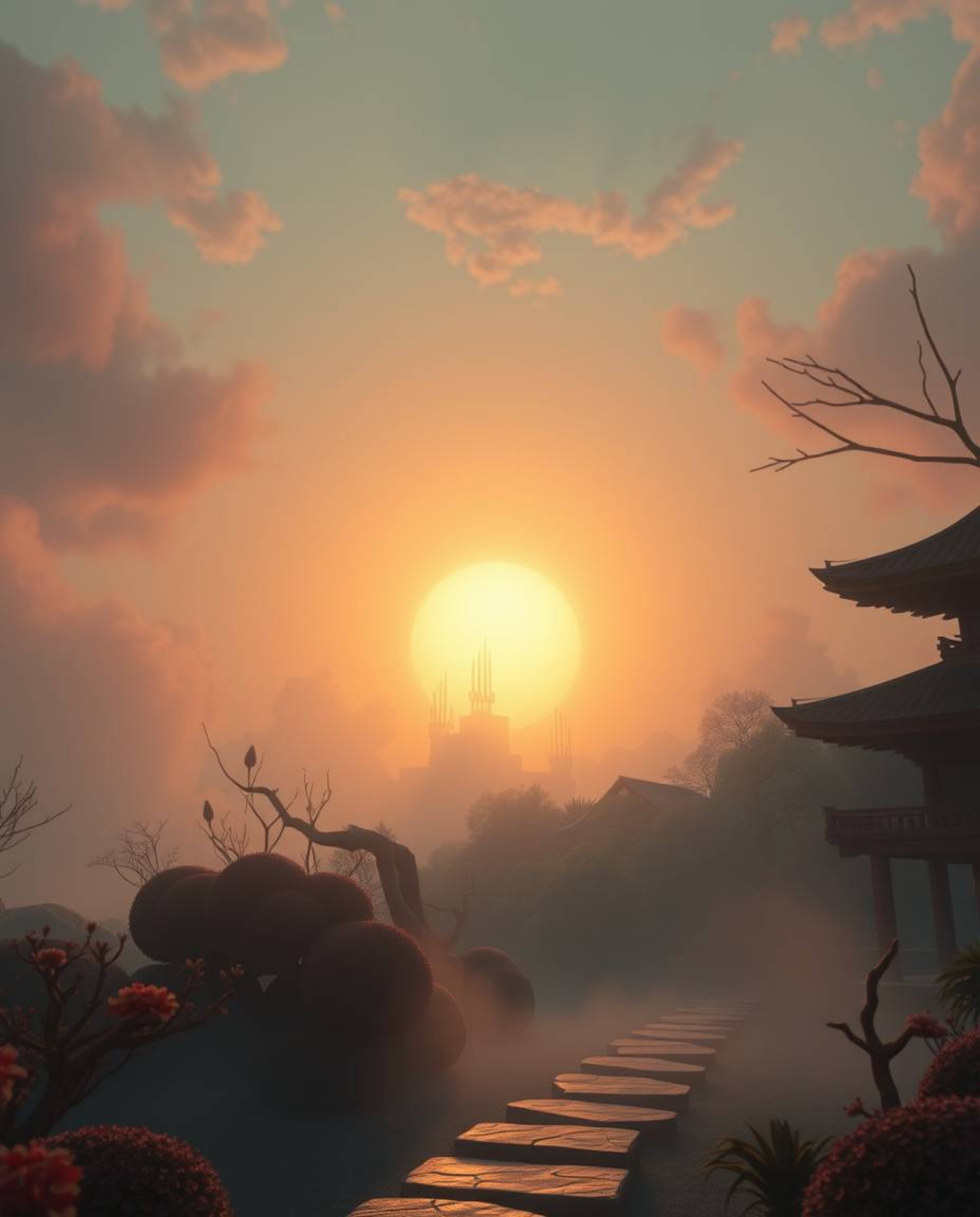 A dreamy and surreal depiction of a sunset over a serene Zen garden, featuring soft light, hazy effects, and fantastical elem