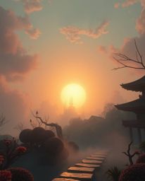 A dreamy and surreal depiction of a sunset over a serene Zen garden, featuring soft light, hazy effects, and fantastical elem
