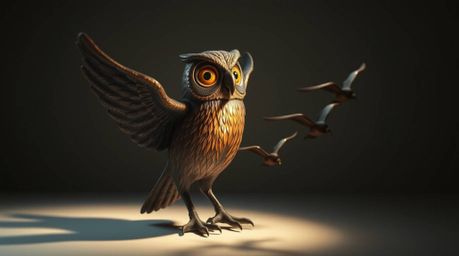 This cast bronze sculpture depicts a blind owl, rendered in a charming Pixar style, in the act of teaching birds to fly. Bath