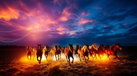 A captivating overhead shot depicts a herd of wild horses thundering across the landscape beneath a vibrant, glowing sky.  Th