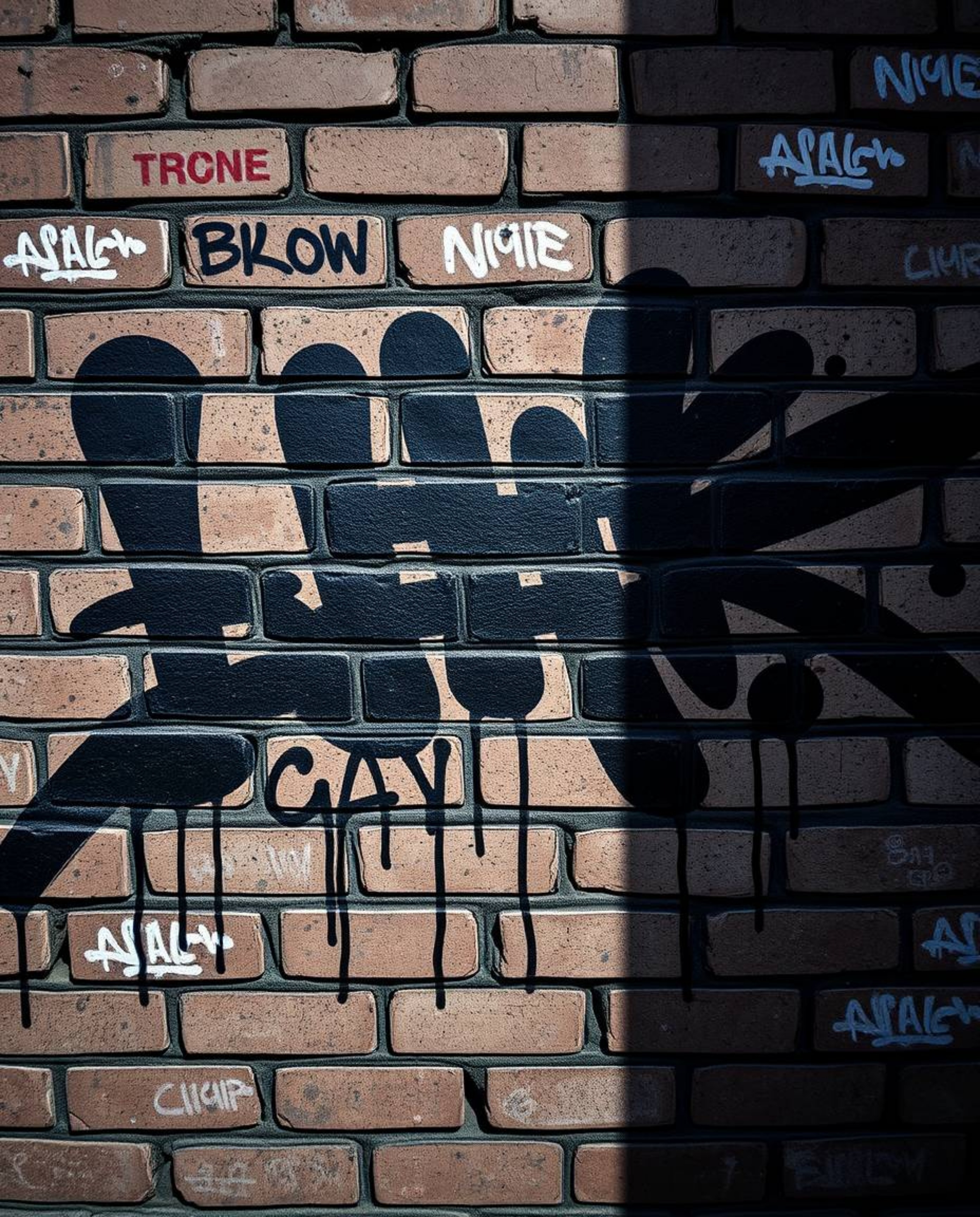 Explore an intense image showcasing jet black graffiti-style colorful splashes dramatically adorning a brick wall, capturing 