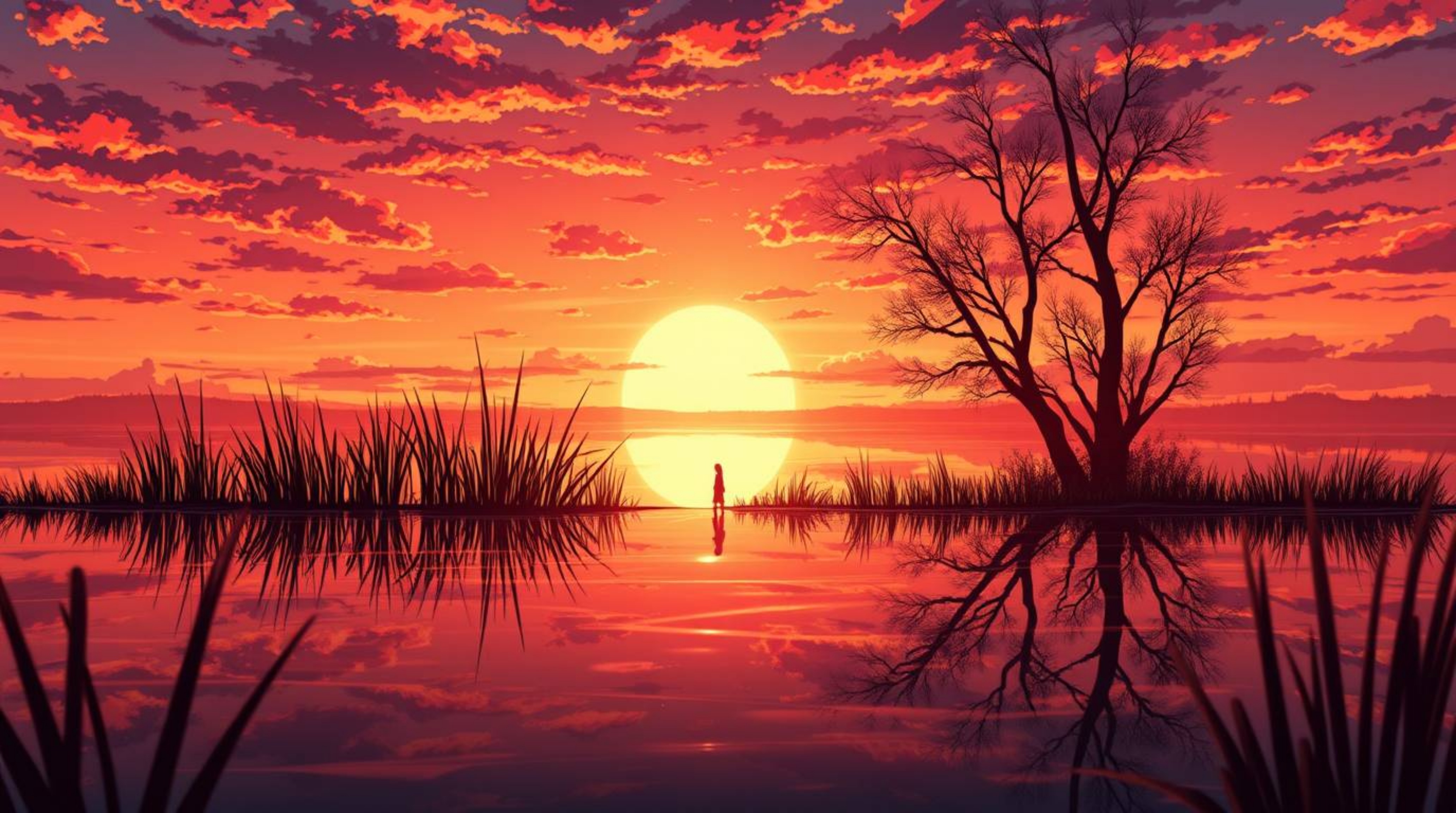 A captivating Isekai-style anime illustration depicts a serene pond mirroring a vibrant sunset. The artwork showcases express