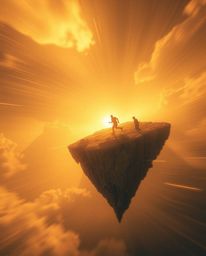Explore a breathtaking surreal floating island bathed in a warm golden glow and illuminated by intense, dramatic lighting. Ex
