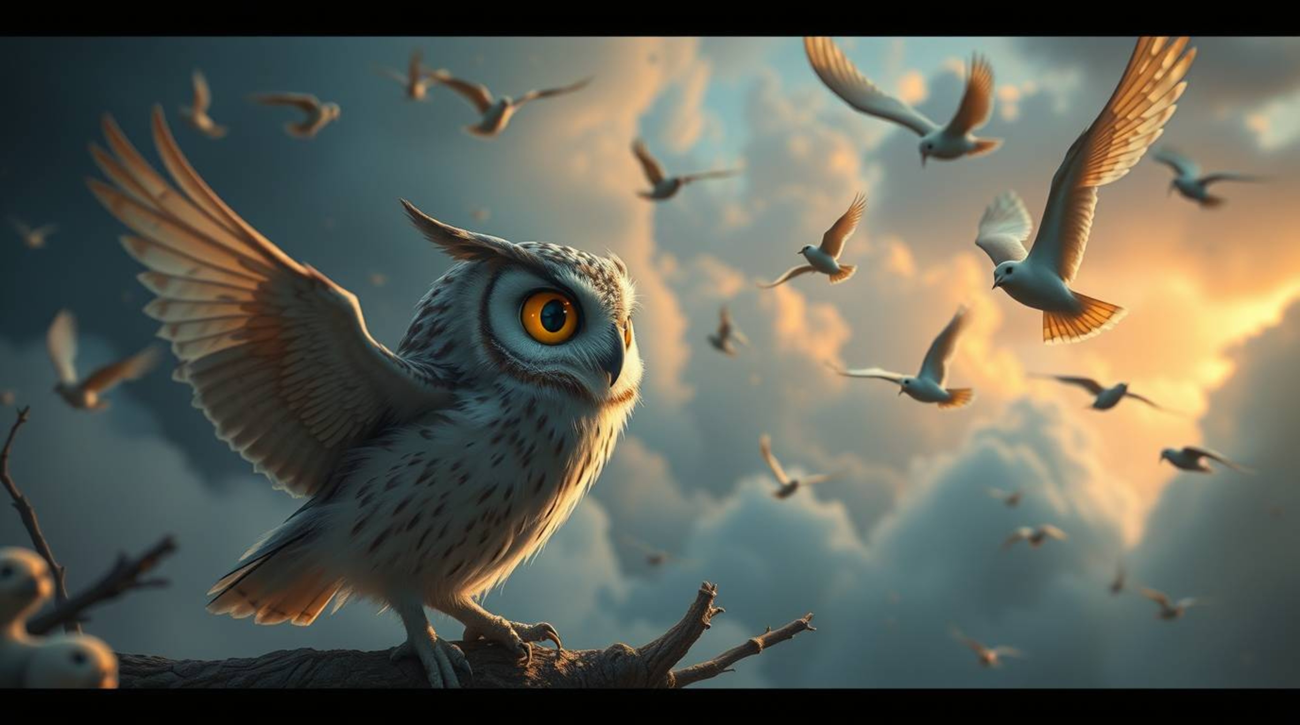 Experience a dreamlike and surreal world where a blind owl, rendered in charming Pixar style, guides birds to fly by gazing i