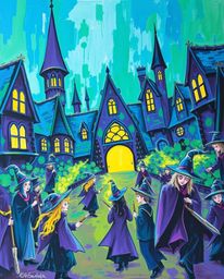 A captivating bold acrylic painting depicting a magical school brimming with young wizards.  Vibrant blues, greens, and purpl