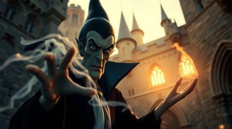 A captivating image of a classic Disney villain, with intense eyes and olive skin, casting a spell within an ancient castle. 