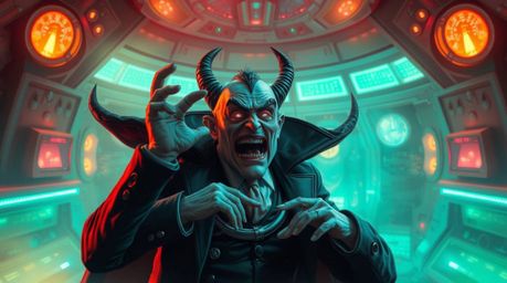 A villain experiences a comical breakdown within a mystic and enchanting high-tech lair, creating a dreamlike atmosphere thro