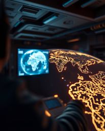 A captivating close-up reveals a glowing holographic map projected within an old study, showcasing a blend of futuristic sci-