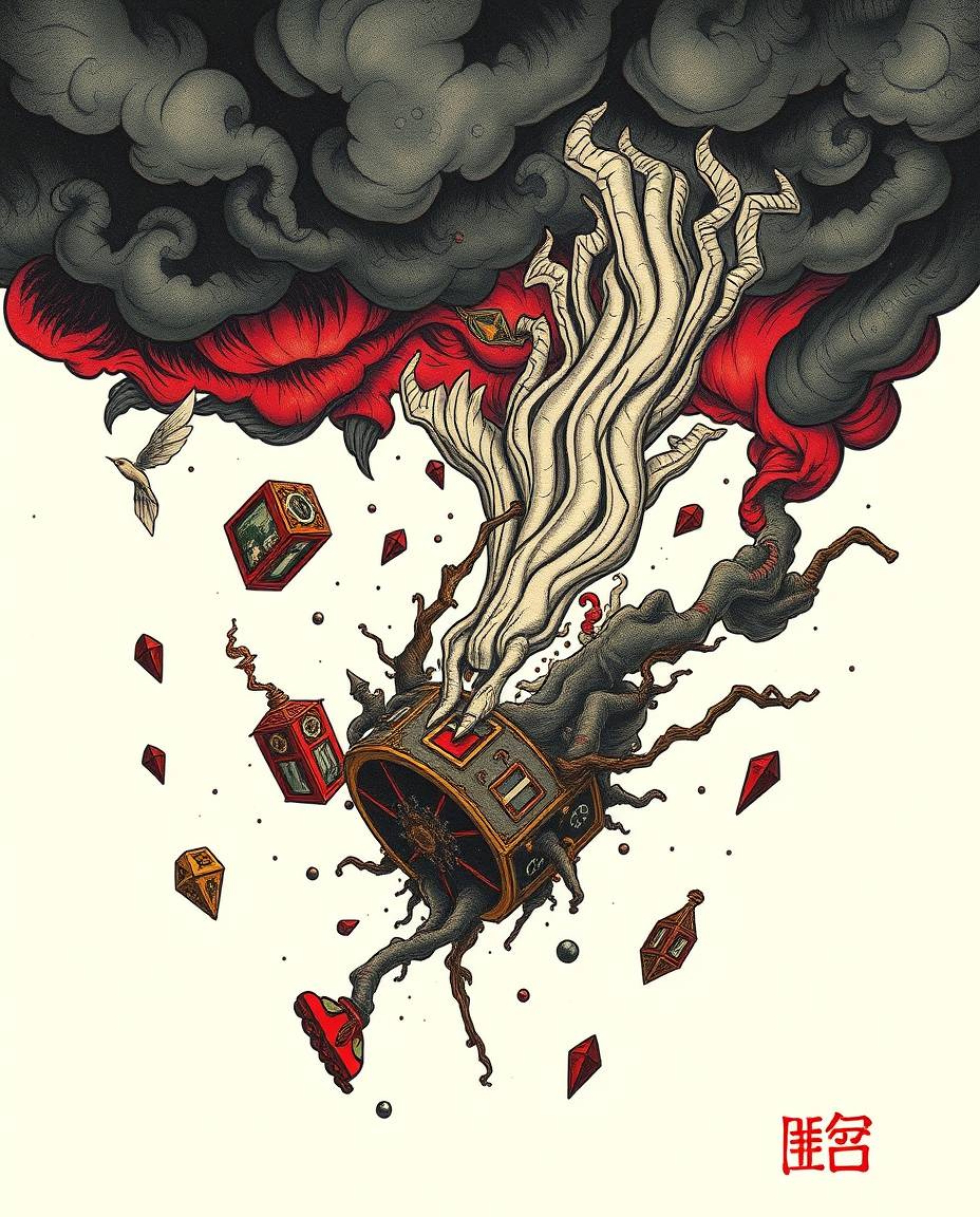 This artwork captures an eerie and creepy atmosphere with a symbolic traditional tattoo art print. It depicts a surreal storm