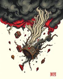This artwork captures an eerie and creepy atmosphere with a symbolic traditional tattoo art print. It depicts a surreal storm