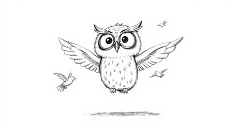 A charming and heartwarming scene unfolds in a hand-drawn sketch, showcasing a blind owl with a joyful expression mentoring b