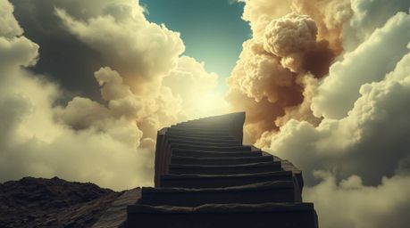 A captivating image depicts a winding stairway composed of smoke and light, ascending into a vast, cloudy sky.  This dramatic