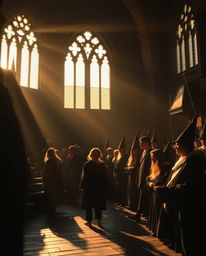 Immerse yourself in a magical school teeming with young wizards, where intense jet black shadows dance with the warm golden h
