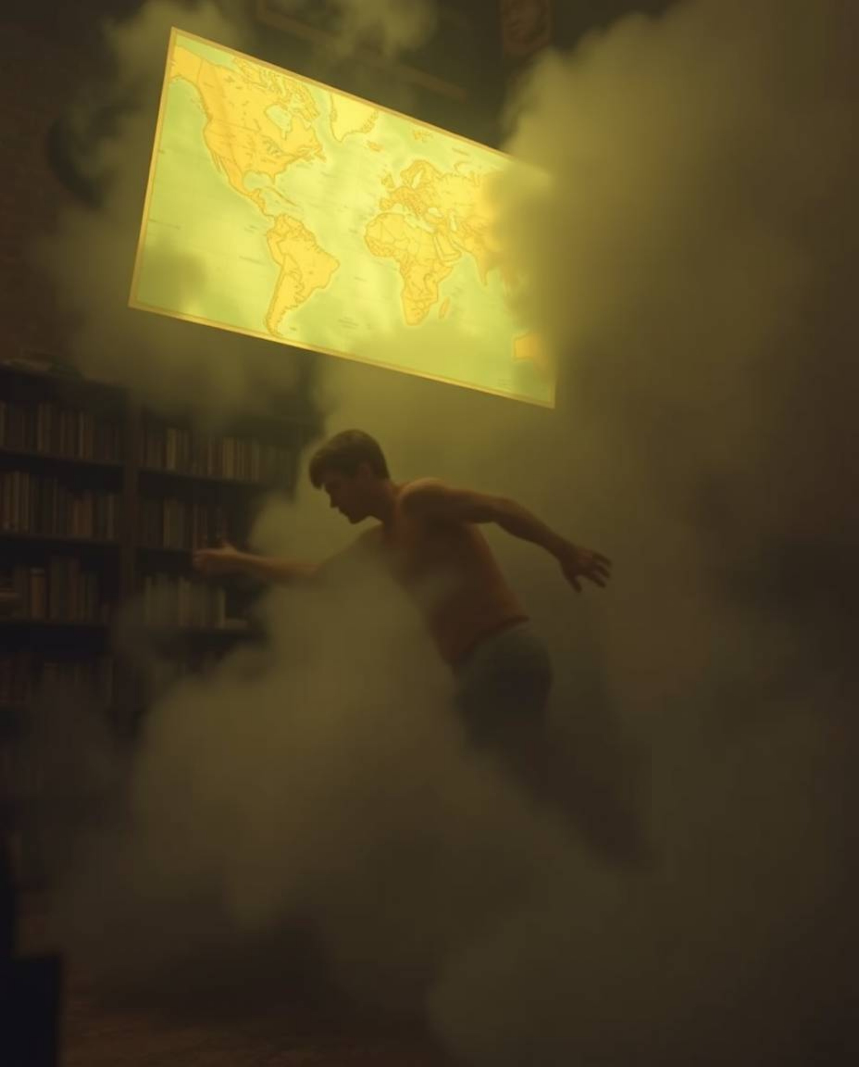 A glowing map hovers within a dimly lit, old study, surrounded by thick fog swirling around a figure in motion. Rendered in n