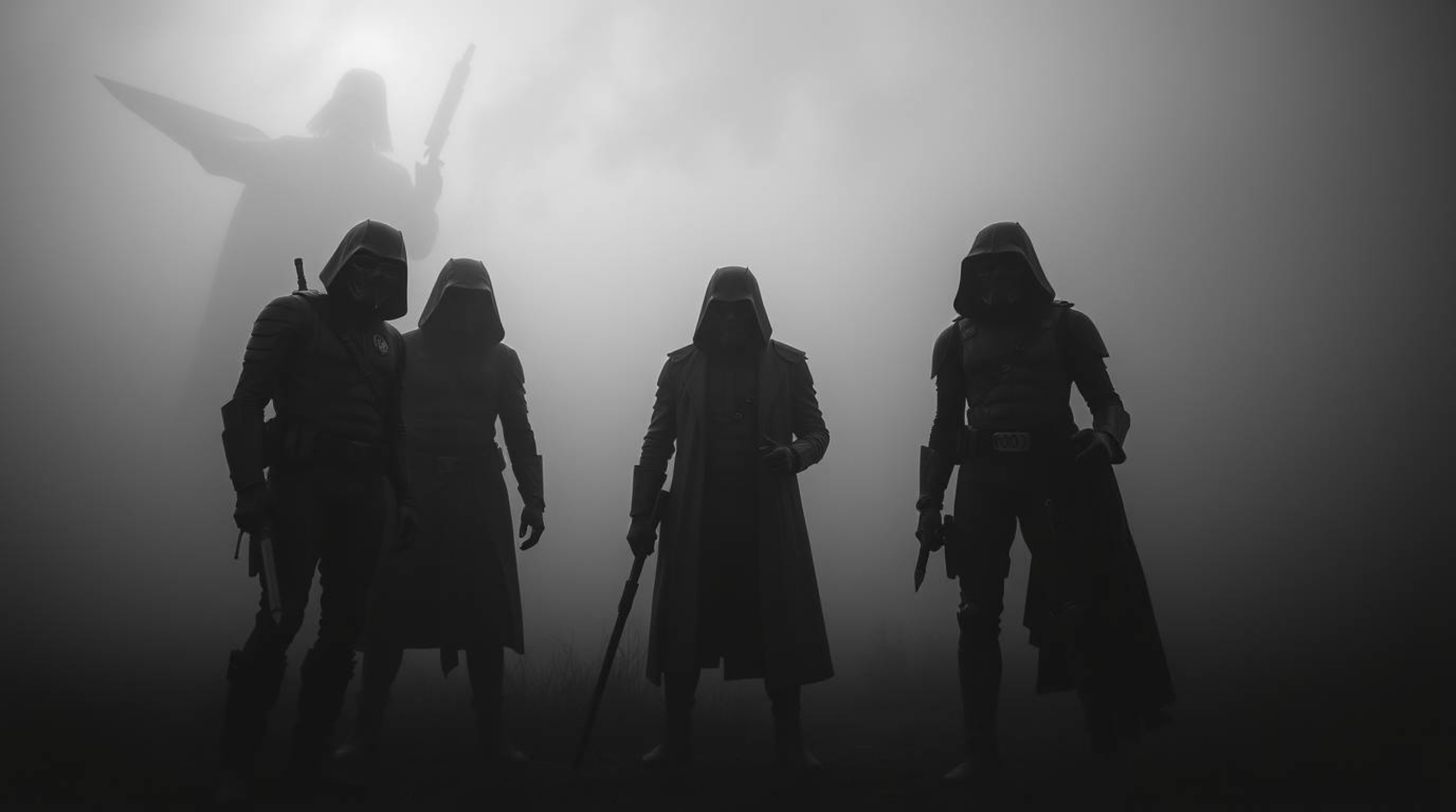 A timeless and elegant black and white image depicts a team of misfit heroes shrouded in thick fog, creating a mysterious and