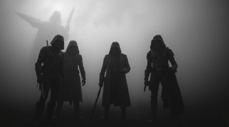 A timeless and elegant black and white image depicts a team of misfit heroes shrouded in thick fog, creating a mysterious and