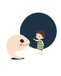 A captivating modern flat design illustration depicts an unlikely friendship between a sea creature and a child. The image u