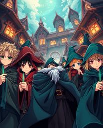 Immerse yourself in a rich, deep teal Isekai anime depicting a magical school brimming with young wizards.  The artwork featu