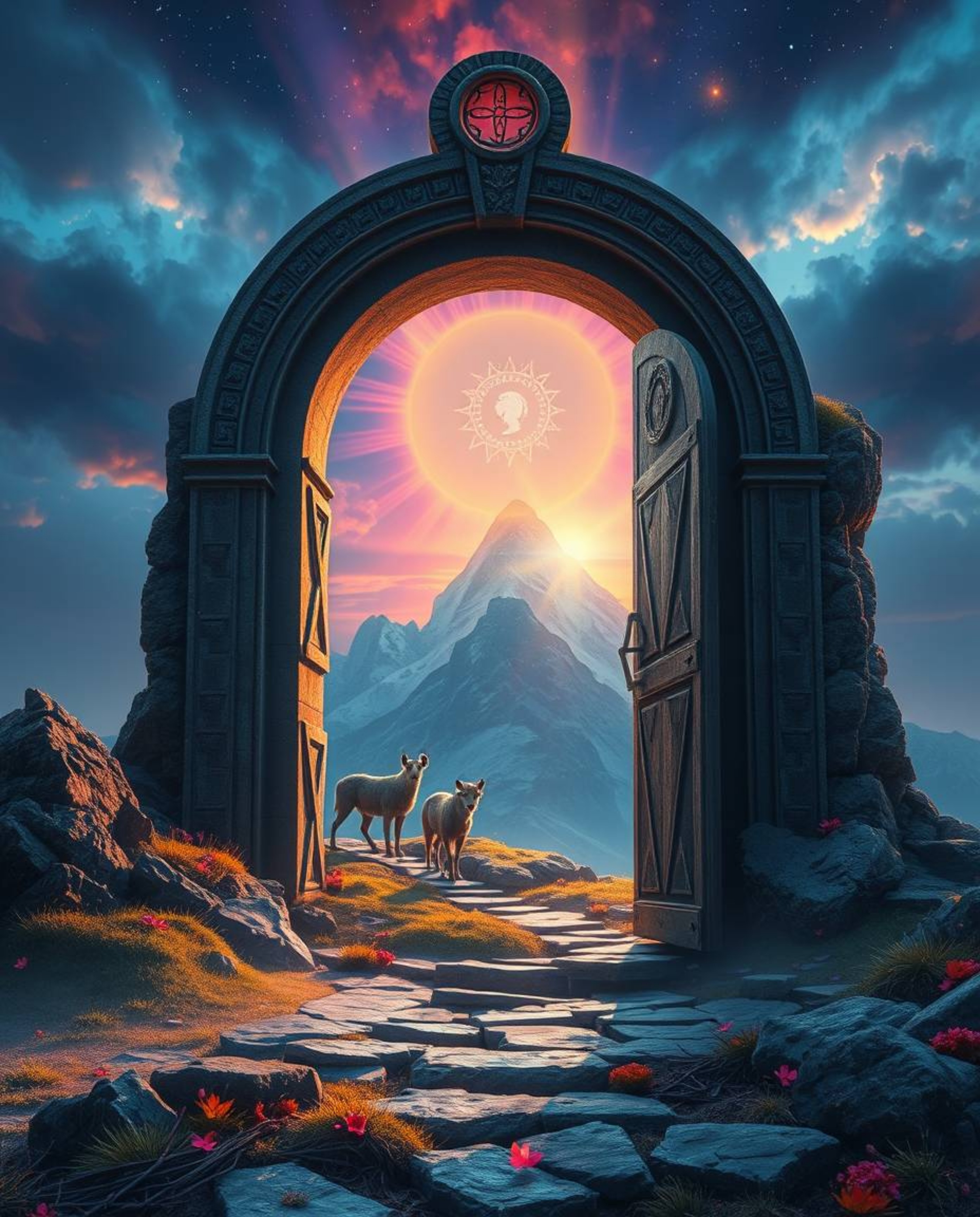 An ancient doorway, etched with glowing runes, is carved into the side of a majestic mountain. The scene evokes an ethereal a