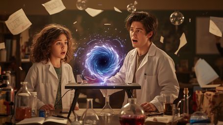 a vibrant, warm-toned, cinematic photograph of a dynamic science fair duo, reminiscent of Pixar's whimsical style, standing i
